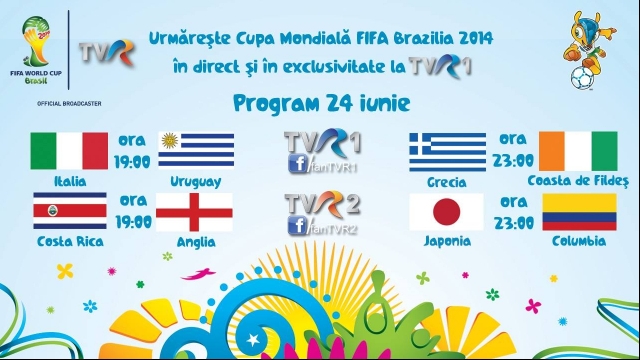 CM FIFA Brazilia 2014 în direct la TVR - programul transmisiunilor din 24 iunie