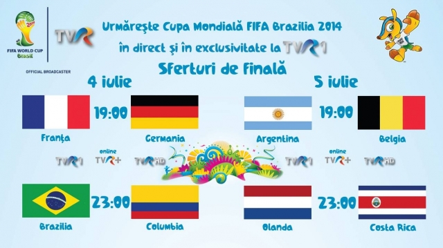 Sferturile Cupei Mondiale FIFA Brazilia 2014, în direct la TVR