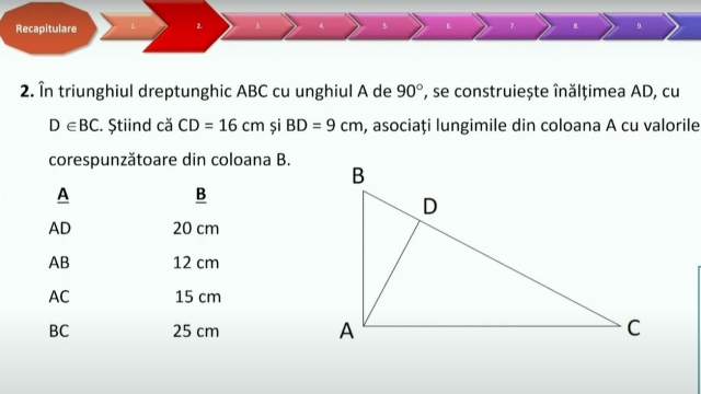 TELEȘCOALA: Matematică, a VIII-a - Relaţii metrice în triunghiul dreptunghic | VIDEO