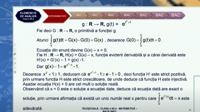 TELEȘCOALA: Matematică, a XII-a - Integrabilitatea funcțiilor continue | VIDEO