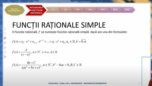 TELEȘCOALA: Matematică, a XII-a - Calculul integralelor unor funcții raționale| VIDEO