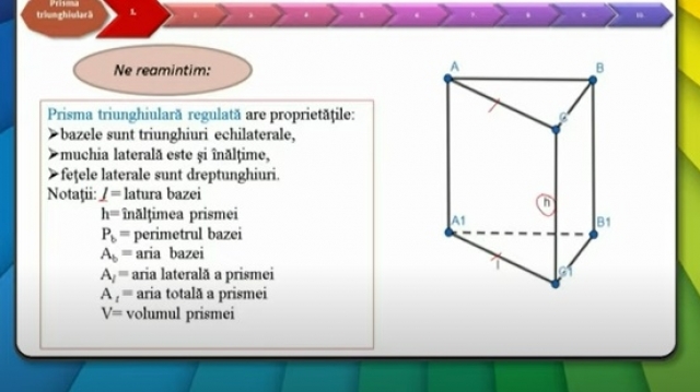 TELEȘCOALA: Matematică, a VIII-a - Prisma triunghiulară regulată. Aria totală şi volumul | VIDEO