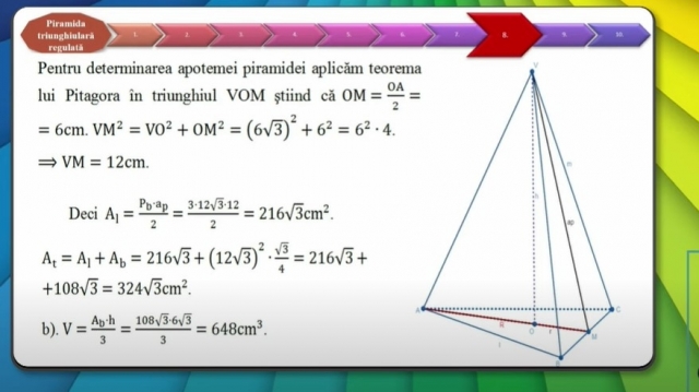 TELEȘCOALA: Matematică, a VIII-a - Piramida triughiulară regulată. Arie şi volum| VIDEO