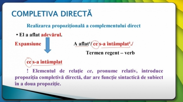 TELEȘCOALA: Română, a VIII-a -  Complementul direct și Completiva Directă | VIDEO