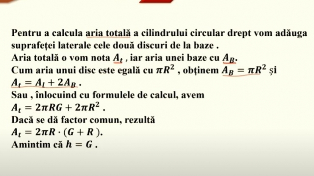TELEȘCOALA: Matematică, a VIII-a - Aria și volumul cilindrului| VIDEO