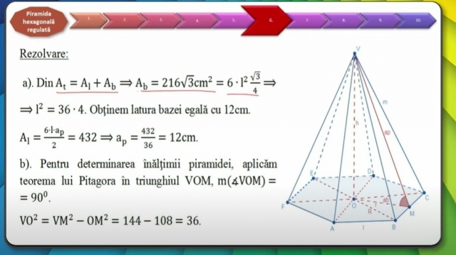 TELEȘCOALA: Matematică, a VIII-a - Piramida hexagonală regulată | VIDEO