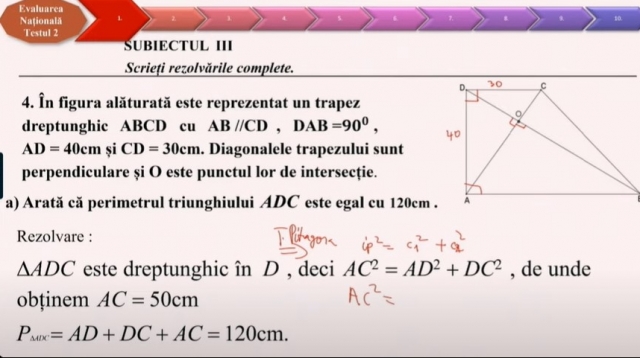 TELEȘCOALA: Matematică, a VIII-a - Test antrenament nr.2, subiect III. Geometrie | VIDEO