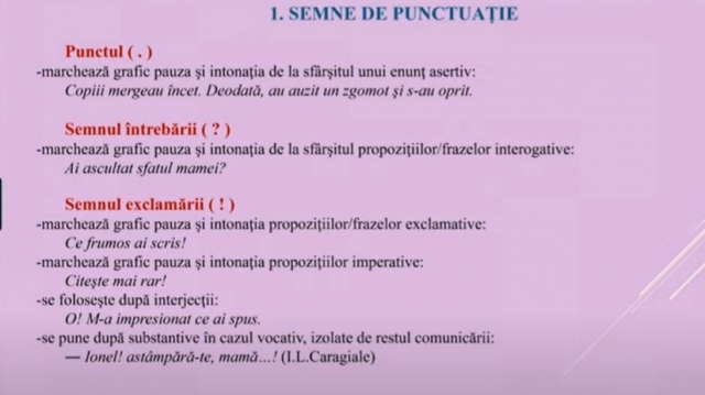 TELEȘCOALA: Română, a VIII-a - Explicarea folosirii semnelor de punctuație | VIDEO