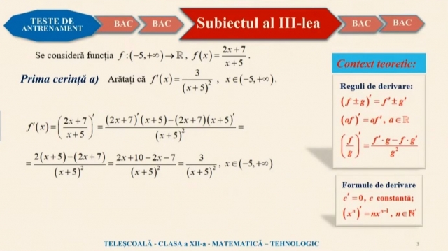 TELEȘCOALA: Matematică, Tehnologic, a XII-a - Subiectul al III-lea din testele de antrenament pentru Bacalaureat  | VIDEO