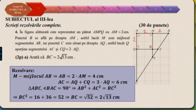 TELEȘCOALA: Matematică, a VIII-a - Test de antrenament nr. 10. Subiectul III. Geometrie | VIDEO
