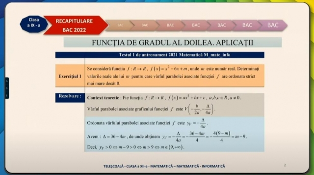TELEȘCOALA: Matematică, a XII-a - Funcţia de gradul al II-lea – aplicaţii | VIDEO
