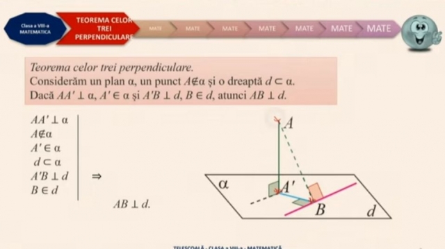 TELEȘCOALA: Matematică, a VIII-a - Teorema celor trei perpendiculare | VIDEO