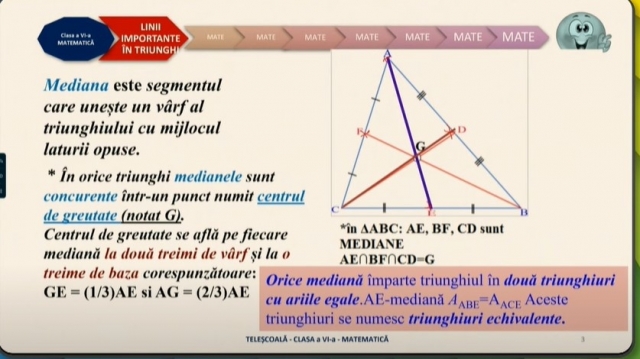 TELEȘCOALA: Matematică, a VIII-a - Linii importante în triunghi | VIDEO