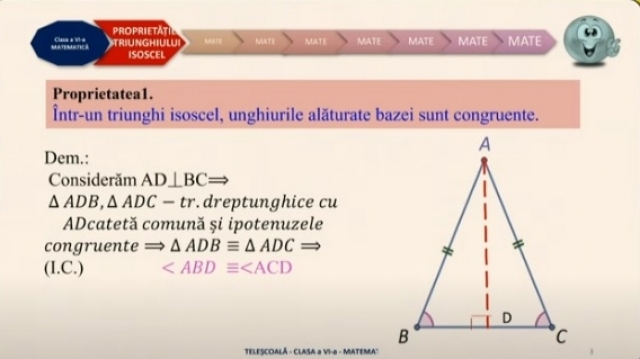 TELEȘCOALA: Matematică, a VIII-a - Proprietăţile triunghiului isoscel | VIDEO