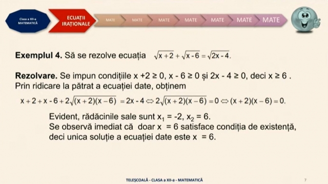 TELEȘCOALA: Matematică, a XII-a - Ecuații iraționale, ecuații exponențiale, ecuații logaritmice | VIDEO