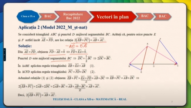 TELEȘCOALA: Matematică, a XII-a - ″Operații cu vectori în plan″ | VIDEO