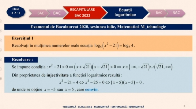 TELEŞCOALA: Matematică, a XII-a - Ecuații logaritmice | VIDEO