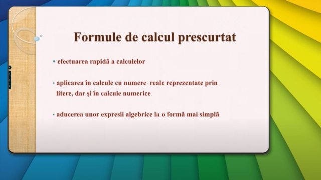 TELEȘCOALA: Matematică, a VIII-a – Formule de calcul prescurtat | VIDEO