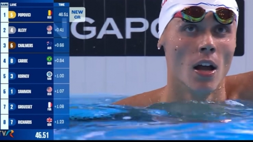 David Popovici, campion mondial şi la 100 de metri liber de la CM! Cursa a fost în direct la TVR1 și TVR Sport
