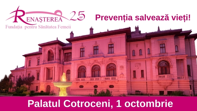 1 octombrie - Zilua Națională a Luptei împotriva Cancerului de Sân: Palatului Cotroceni, iluminat în roz